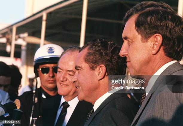 Opa Locka, Florida: Vice President Hubert H. Humphrey with President-elect Richard M. Nixon and Sen. Edmund Muskie after Humphery and Muskie landed...