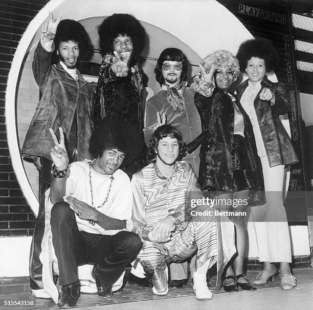 American pop music group, Sly and the Family Stone shown shortly after their arrival in London, the start of their first Britsh tour.