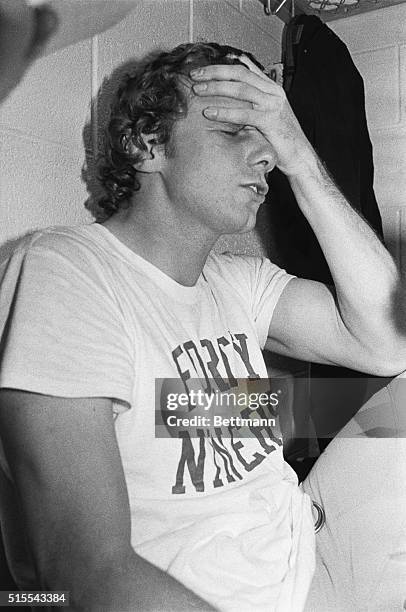 San Francisco 49ers' quarterback Joe Montana is shown seated in the locker room after the 49ers beat the Cincinnati Bengals in Super Bowl XVI January...