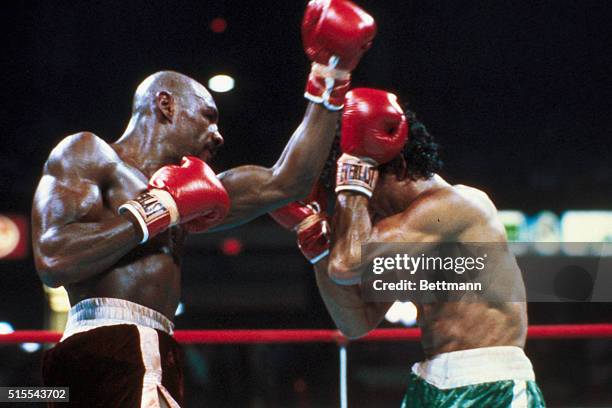 Mustafa Hamsho challenger, N.J. And middleweight champion Marvin Hagler during title bout at the Rosemont Horizon stadium. Hagler won with a TKO...