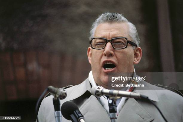 The extremist Protestant leader in Northern Ireland and British Member of Parliament who opposes home rule, Reverend Ian Paisley, speaking into...