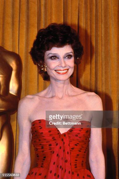 This is a close up of actress Audrey Hepburn as she attended the Academy Awards.