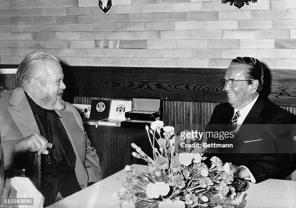 Brdo Kod Kranja, Yugoslavia: Yugoslav President Josip Broz Tito, , in conversation with famous film-director Orson Welles, whom he received in his...