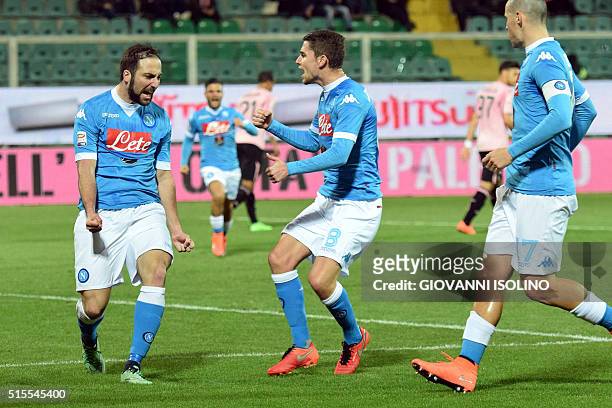 Napoli Gonzalo Higuain celebrates after scoring during the Italian Serie A football match Palermo vs SSC Napoli on March 13, 2016 at the Renzo...
