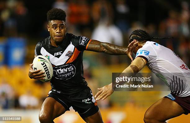 Kevin Naiqama of the Tigers in action during the round two NRL match between the Wests Tigers and the Manly Sea Eagles at Leichhardt Oval on March...