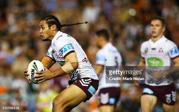 Steve Matai of the Eagles runs the ball during the round two NRL match between the Wests Tigers and the Manly Sea Eagles at Leichhardt Oval on March...