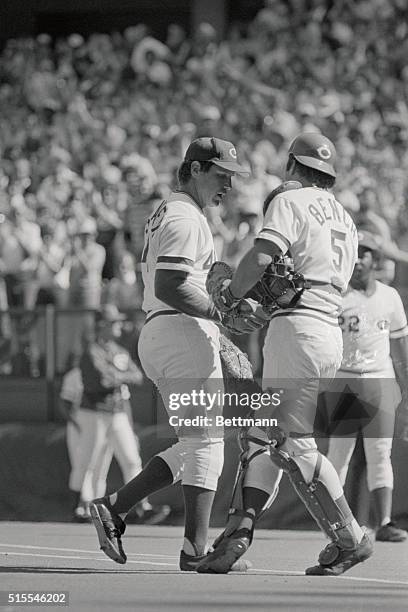 Red's Tom Seaver receives congratulations from catcher Johnny Bench here, after recording his 3,000 Major League strike out. Seaver joined four other...