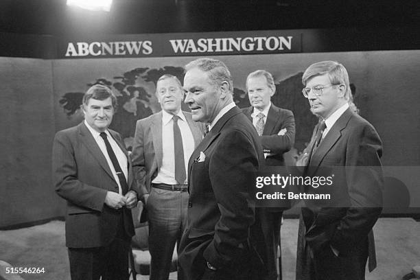 Secretary of State Alexander Haig faces ABC Paris Bureau Chief Pierre Salinger, Washington Post Editor Ben Bradlee, and David Brinkley before...