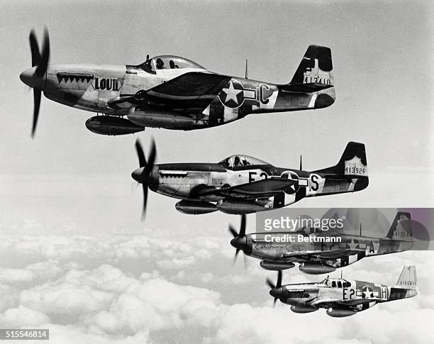 North American P-51s in formation, 375th Fighter Squadron, 361st Fighter Group, England.
