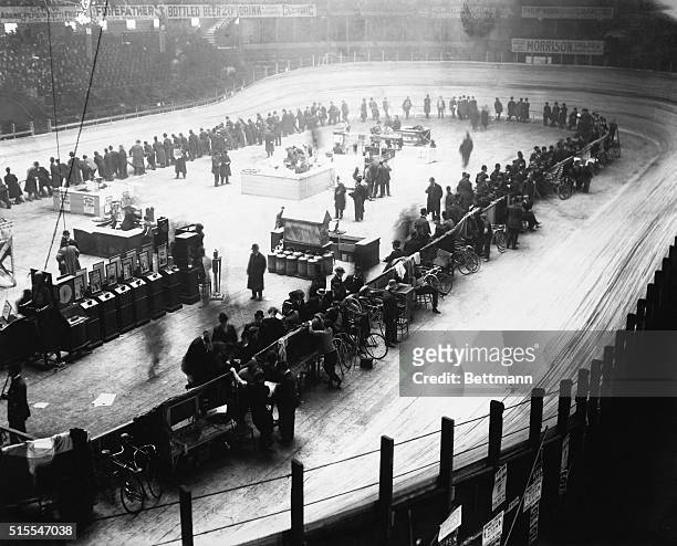 New York, NY: Bicycle race in Madison Square Garden. Note nickleodeon set-up at left. Undated photograph circa 1895. BPA2# 5158