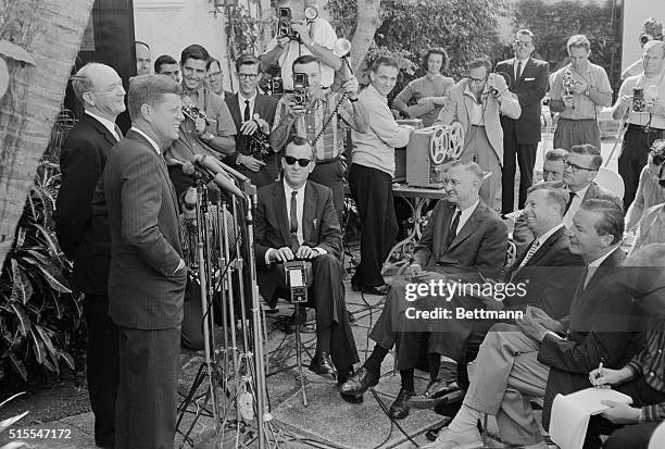 President-elect John F. Kennedy announces his nomination of Dean Rusk as secretary of state at a press conference in Palm Beach, Florida.