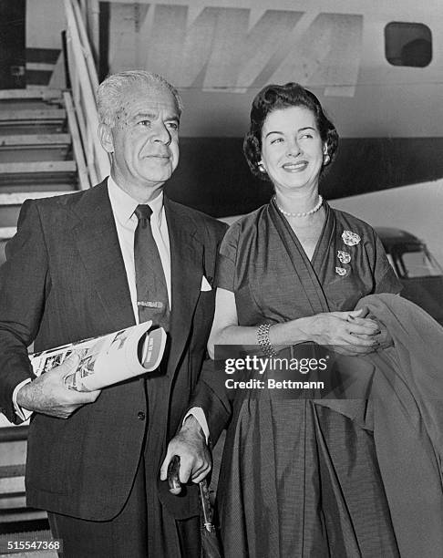 Joan Bennet and husband, Walter Wanger, arrive via TWA, non stop from Los Angeles en route to the Edinburgh Film Festival.
