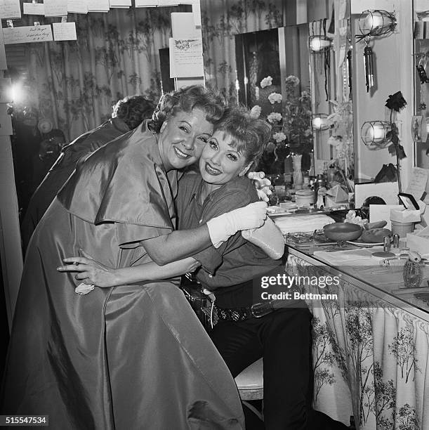 Lucille Ball embraced by Vivian Vance in "I Love Lucy" TV series.