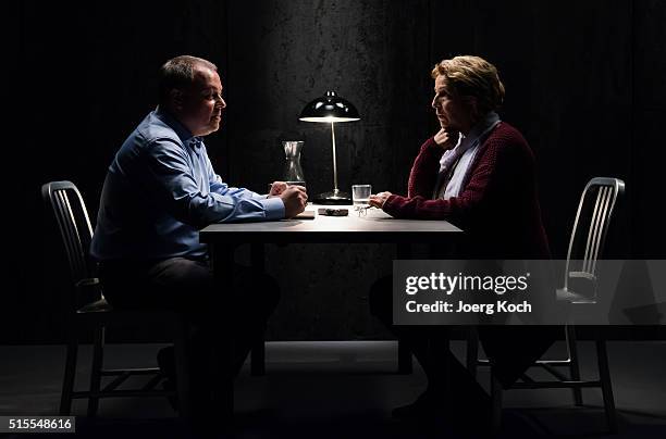 Actor Michaela May and criminal investigator and profiler Stephan Harbort pose on set during the shooting for the new local production 'Protokolle...