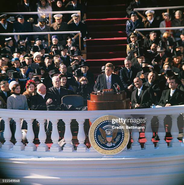 President John F. Kennedy making his inauguration speech from the East Portico of the U.S. Capitol in Washington, DC.