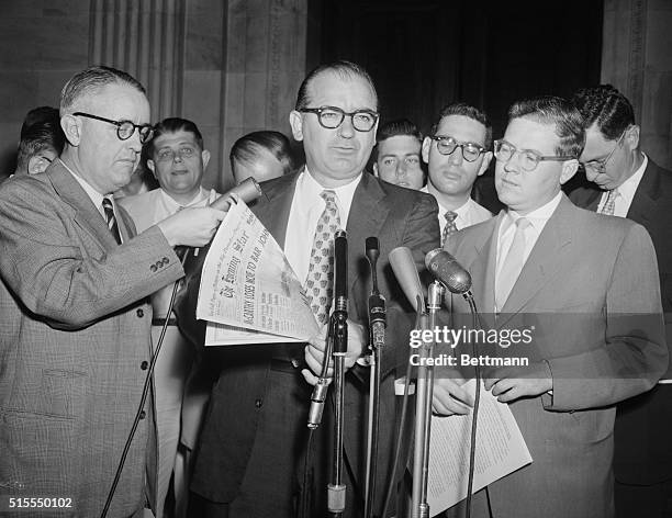 Senator Joseph R. McCarthy is shown as he held a press conference as the Senate committee considering "misconduct" charges against him began the...