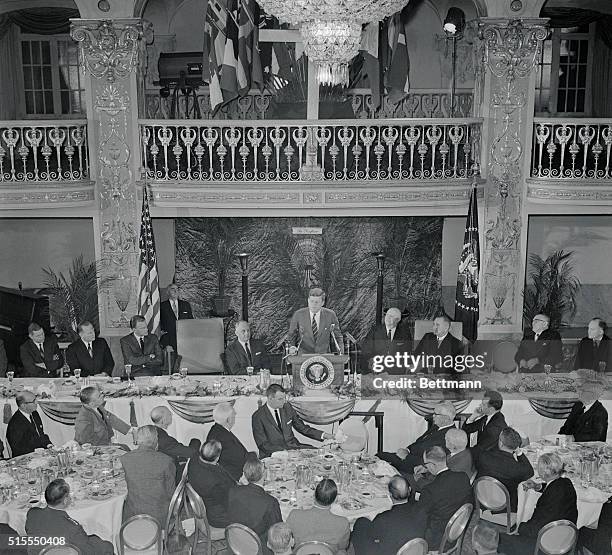 Kennedy addresses prayer breakfast. Washington: President Kennedy addresses a prayer breakfast sponsored by the International Christian Leadership at...