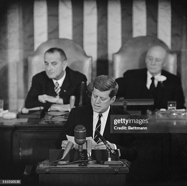 President John F. Kennedy gives his first State of the Union Address to a joint session of Congress. He wants to quickly fix the receding economy and...