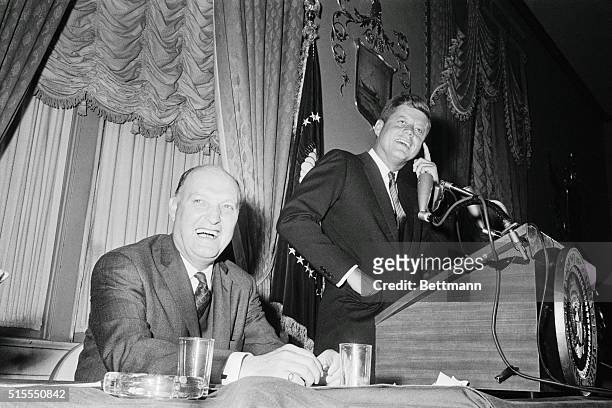 Washington, D.C.: John M.Bailey of Connecticut joins President Kennedy in laugh after he was unanimously elected as chairman of the Democratic...