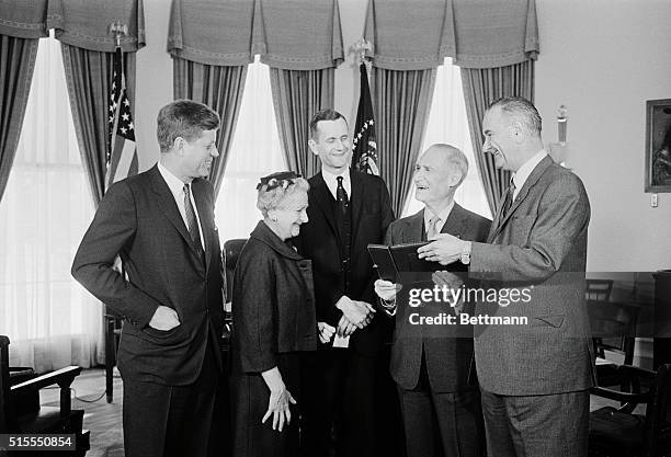 In an Oval Office ceremony, Vice President Lyndon Johnson presents New York Times publisher Arthur Hays Sulzberger with the American Heart...