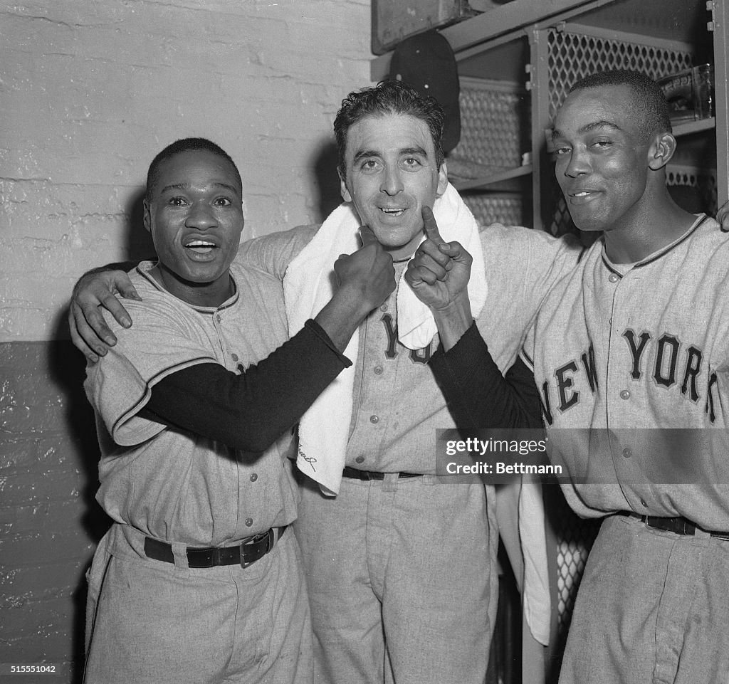 Hank Thompson And Monte Irvin Rubbing Sal Maglie'S Chin