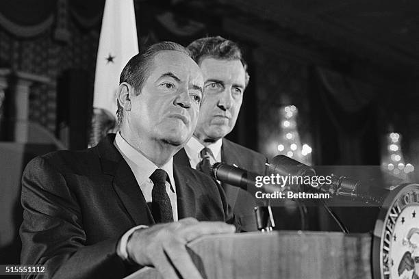 New York: Hold Joint News Conference. President Hubert Humphrey and Senator Edmund Muskie appear pensive during a joint news conference here Oct. 11....