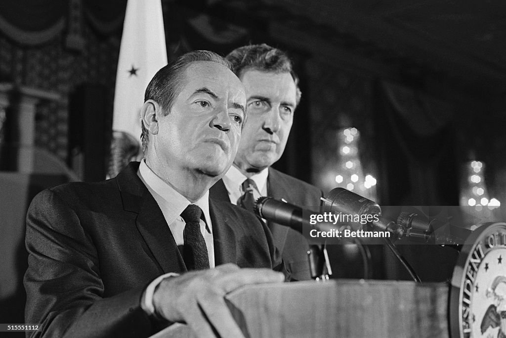 Hubert Humphrey and Edmund Muskie at News Conference Podium