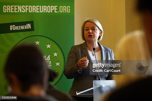 Green Party leader Natalie Bennett speaks at the launch of her party's EU campaign on March 14, 2016 in London, England. The Green Party today...