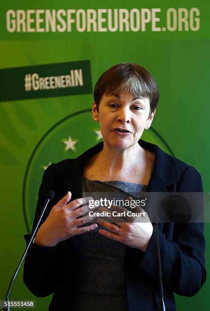 Green Party Member of Parliament for Brighton Pavilion, Caroline Lucas, speaks at the launch of her party's EU campaign on March 14, 2016 in London,...