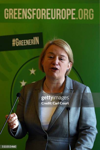 Green Party leader Natalie Bennett speaks at the launch of her party's EU campaign on March 14, 2016 in London, England. The Green Party today...