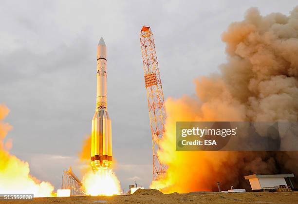 In this handout photo provided by the European Space Agency , the ExoMars 2016 lifts off on a Proton-M rocket at Baikonur cosmodrome on March 14,...