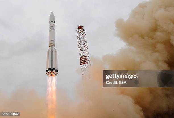 In this handout photo provided by the European Space Agency , the ExoMars 2016 lifts off on a Proton-M rocket at Baikonur cosmodrome on March 14,...