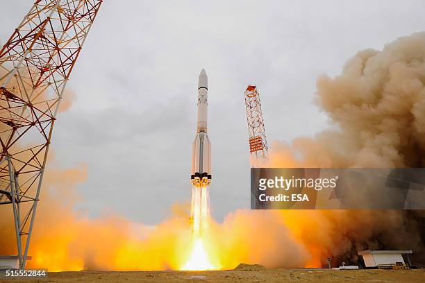 In this handout photo provided by the European Space Agency , the ExoMars 2016 lifts off on a Proton-M rocket at Baikonur cosmodrome on March 14,...