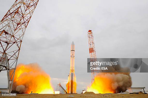In this handout photo provided by the European Space Agency , the ExoMars 2016 lifts off on a Proton-M rocket at Baikonur cosmodrome on March 14,...