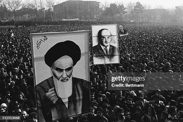 An estimated 400,000 demonstrators against Shah Mohammed Reza Pahlevi fill the campus of Tehran University carrying huge portraits of Ayatollah...