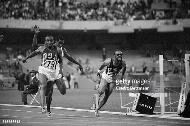 Jim Hines of the USA wins the 1968 Mexico Olympics 100 metres final.