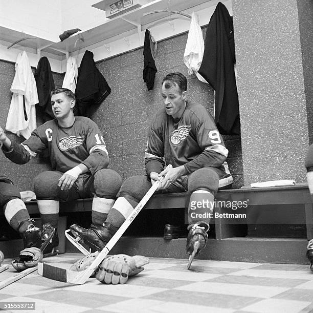 Red Wings' Gordon Howe is completely relaxed in the dressing room after scoring the 545th goal of his career during the second period of the...