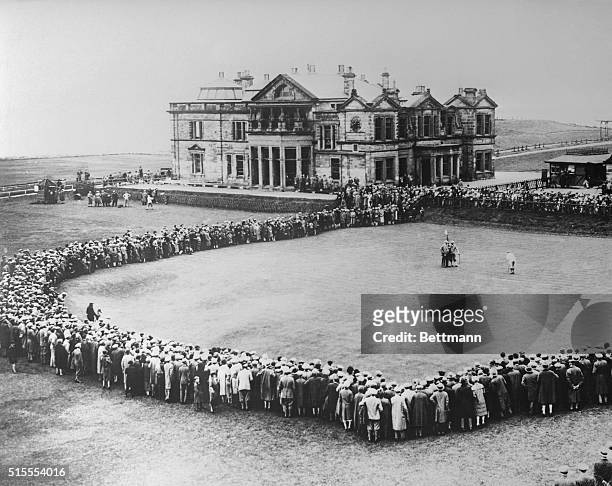 This general view, taken during the first qualifying round of the British Open Golf Championship at St. Andrews, Scotland, shows E.R. Whitcombe and...