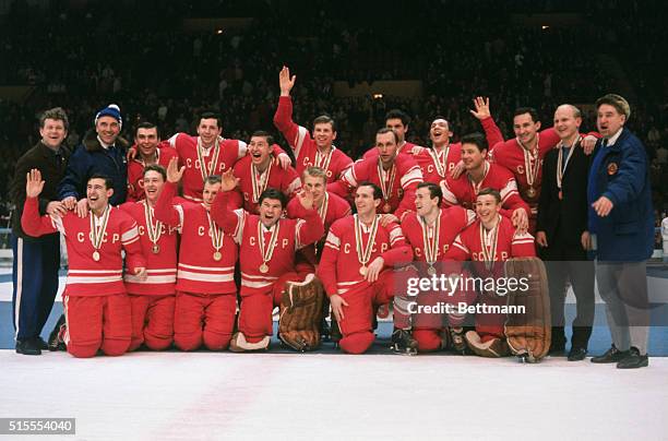 Grenoble: The Soviet Gold Medal winning Ice Hockey team after medal presentation here tonight. They defeated Canada 5:0 in Olympic Final match....