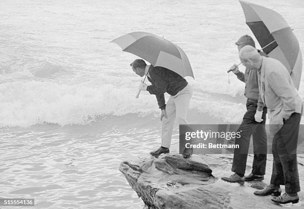 Arnold Palmer searches for the ball in the surf during play at the Bing Crosby Pro-AM Tournament in Pebble Beach, California.