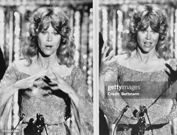 Actress Jane Fonda uses American sign language for the deaf as she acknowledges her Oscar win for Best Actress in a leading role at the 51st Annual...