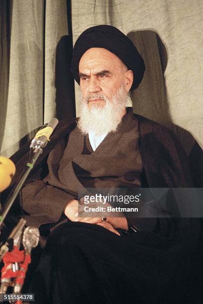 Political and religious leader Ayatollah Khomeini during a press conference.