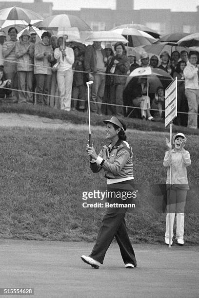 Nancy Lopez has a smile 6/3 after finishing the 18th hole to win a $100,000 LPGA Tournament by four strokes over Pat Bradley. Lopez wound up with an...