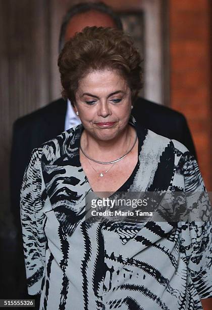 Brazil's President Dilma Rousseff walks in the Oswaldo Cruz Foundation on March 10, 2016 in Rio de Janeiro, Brazil. The prominent science and health...