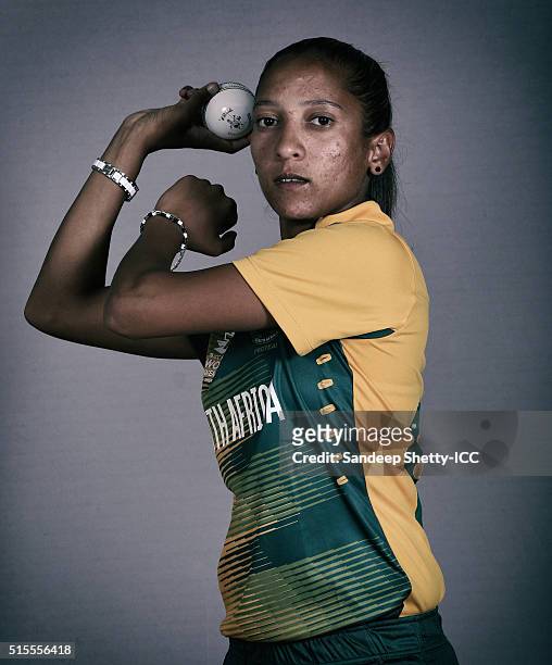 Shabnim Ismail of South Africa during the photocall of the South Africa team ahead of the Women's ICC World Twenty20 India 2016 on March 11, 2016 in...