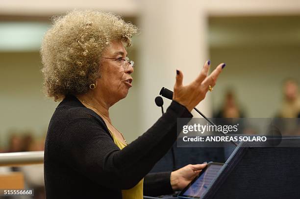 Political civil-rights activist Angela Davis delivers a speech during a meeting "The meaning of white supremacy today", held at "Roma TRE University"...