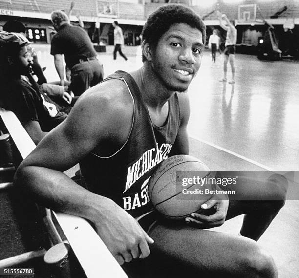 Michigan State's star guard Earvin ‘Magic' Johnson holds still for a picture after a recent practice in MSU's Jenison Field house, March 1979. The...