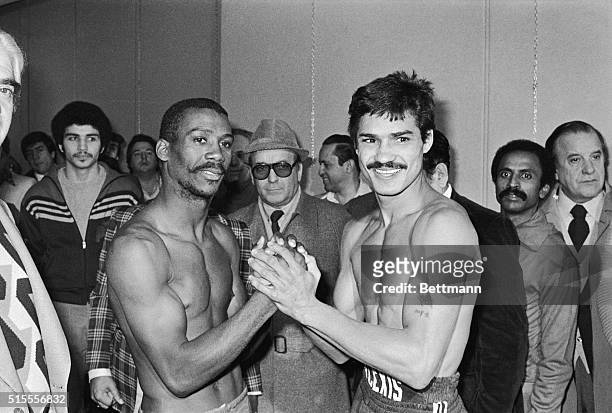 February 4, 1979-Rimini, Italy: World Junior Lightweight champion Alexis Arguello of Nicaragua shakes hands with challenger Alfredo Escalera of...