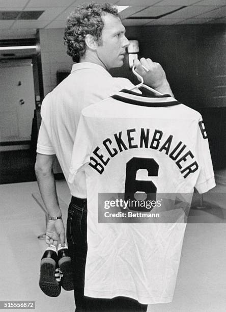 East Rutherford, New Jersey: Cosmos' star midfielder Franz Beckenbauer leaves the locker room at Giants Stadium. Beckenbauer is being honored by the...