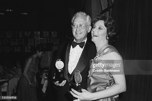 Henderson Forsythe and Carlin Glynn hold their Tony Awards here after they won the Best Featured Actor and Best Featured Actress in a Musical honors...